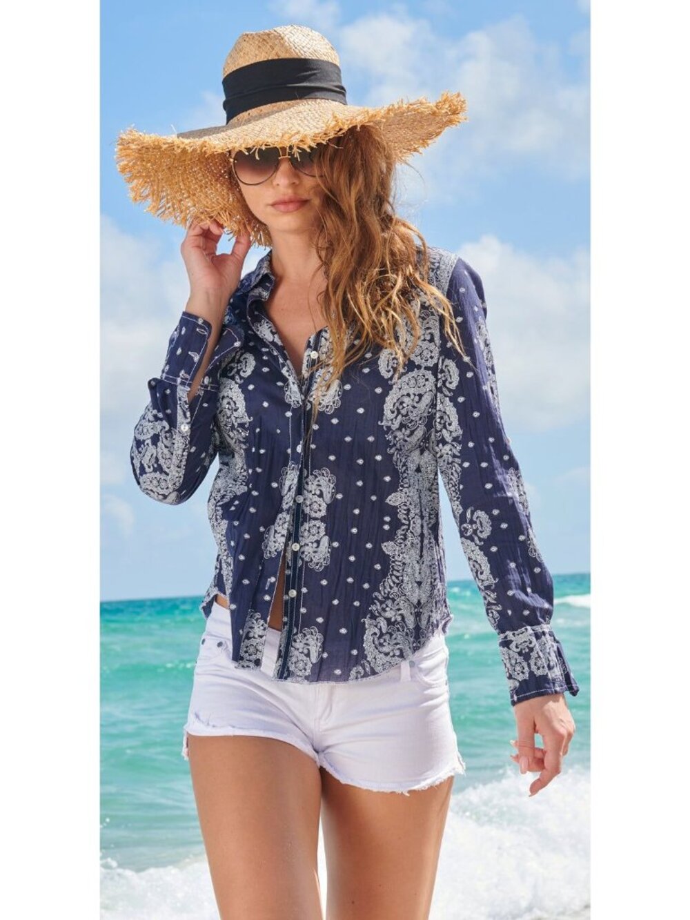 Cino Vintage Bandana Dk Indigo Button Down Shirt Size S Cotton Crinkle